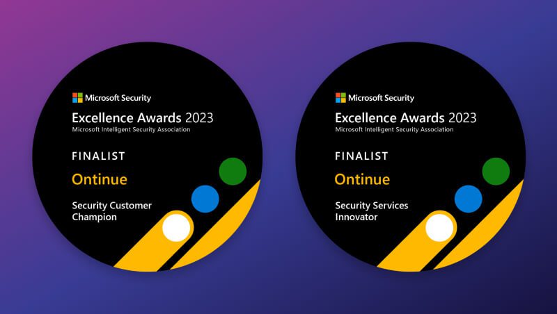 Zwei kreisförmige Auszeichnungsgrafiken für die Microsoft Security Excellence Awards 2023. Eine zeigt die Kategorie "Security Customer Champion", während die andere "Security Services Innovator" hervorhebt. Beide enthalten den Namen Ontinue.
