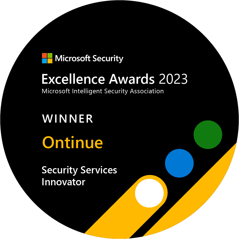 Rundes Logo für die Microsoft Security Excellence Awards 2023 mit dem Text 'WINNER Ontinue Security Services Innovator' und farbigen Kreisen.