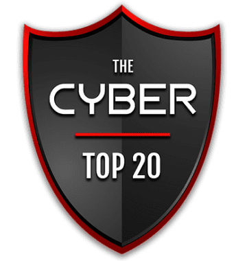 Ein dunkles schildförmiges Logo mit dem Text 'THE CYBER TOP 20' in fetten weißen Buchstaben. Das Design enthält rote Akzente an den Rändern und eine rote Linie, die den oberen und den unteren Bereich trennt.