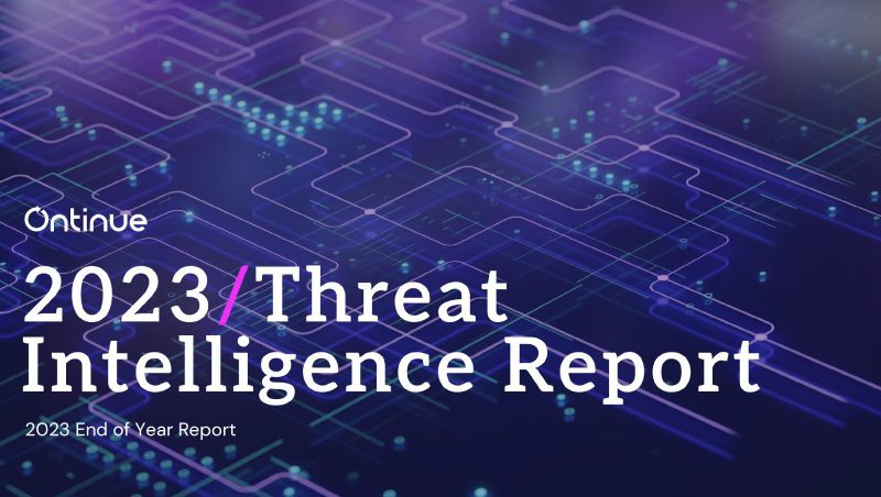 Ein digitaler Hintergrund mit abstrakten Schaltkreismustern in Violett- und Blautönen, auf dem der Titel 'Ontinue 2023 Threat Intelligence Report' deutlich sichtbar ist.