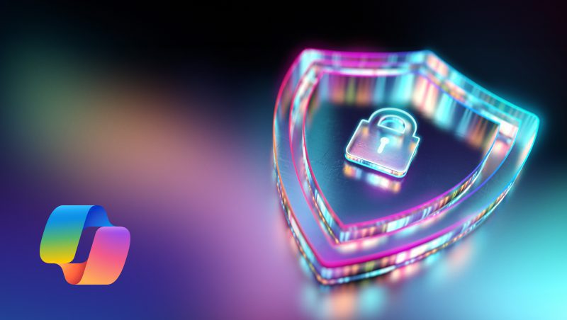 Ein digital gerendertes Bild eines durchsichtigen Schildes mit einem Vorhängeschloss-Symbol im Inneren, beleuchtet mit leuchtenden Farben auf einem verschwommenen Hintergrund. Ein farbenfrohes Logo befindet sich auf der linken Seite.
