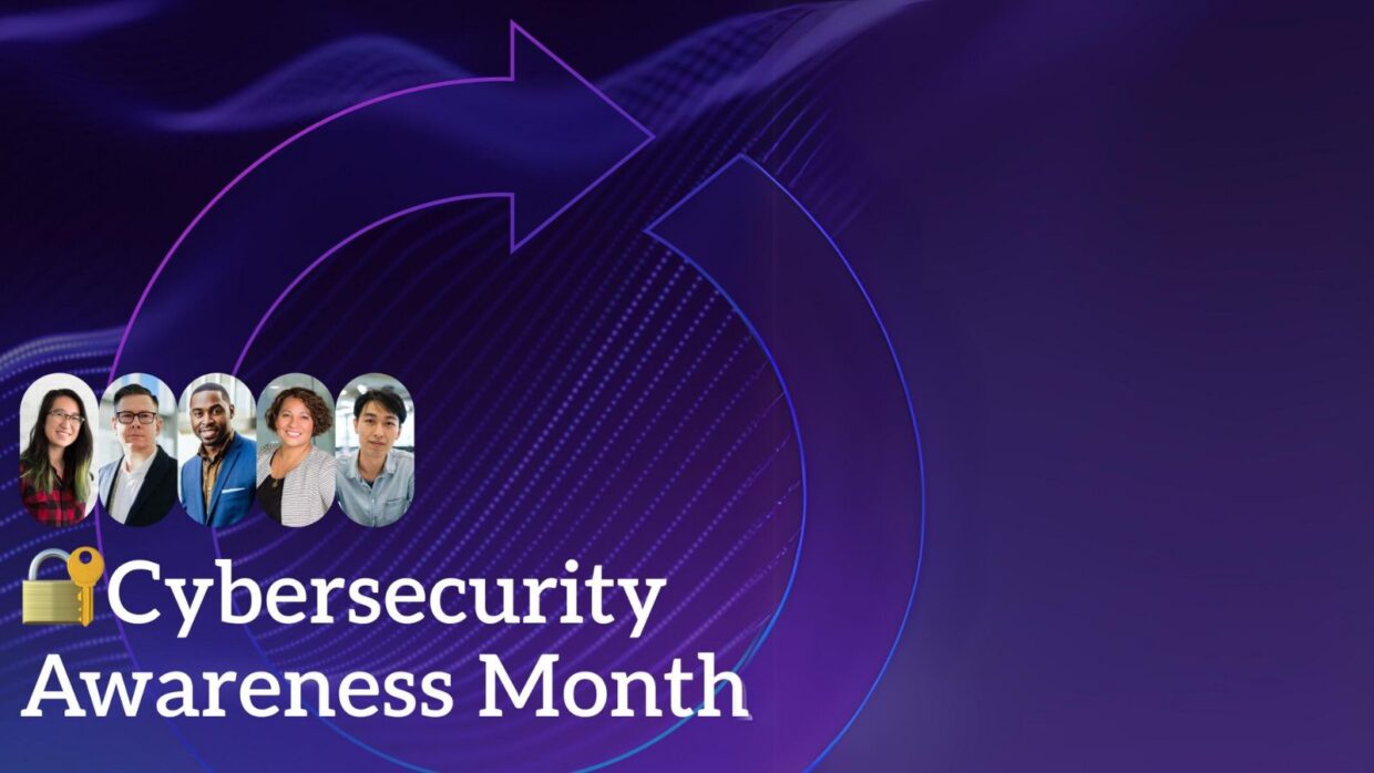 Eine Grafik, die für den Monat des Bewusstseins für Cybersicherheit wirbt, mit verschiedenen Personen auf der linken Seite und einem dunklen Hintergrund mit einem runden Pfeil und Linien. Der Text "Cybersecurity Awareness Month" ist deutlich sichtbar.