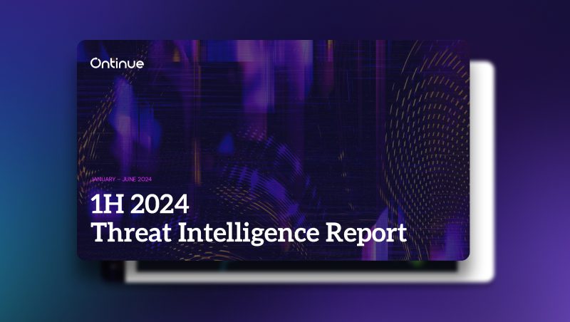 Ein Cover-Design für den "1H 2024 Threat Intelligence Report" von Ontinue mit einem dunklen abstrakten Hintergrund und farbenfrohen digitalen Mustern.