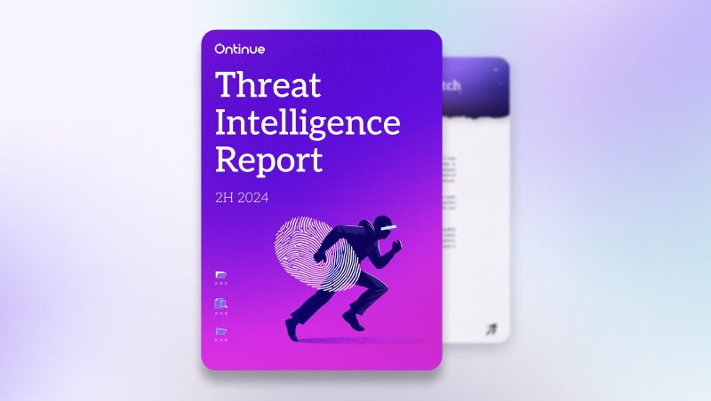 Ein digitales Cover des "Threat Intelligence Report 2H 2024" von Onkinue, auf dem eine stilisierte Figur mit einem Fingerabdruckdesign vor einem violetten Hintergrund mit Farbverlauf zu sehen ist.