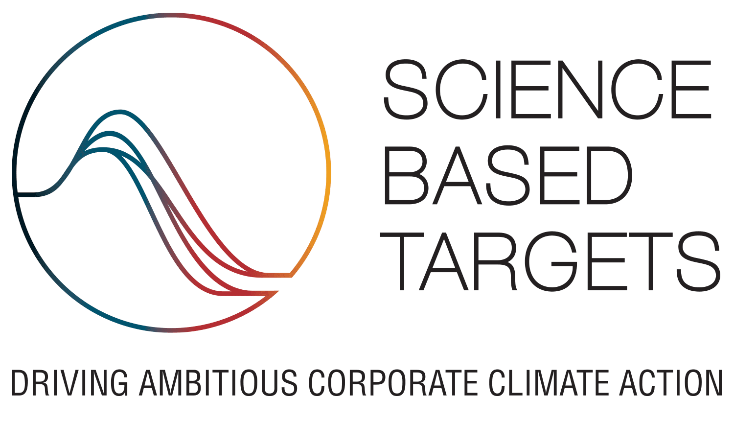 Logo der 'Science Based Targets'-Initiative mit einem kreisförmigen Design aus farbigen Wellenlinien, ergänzt durch den Text 'SCIENCE BASED TARGETS' und den Slogan „DRIVING AMBITIOUS CORPORATE CLIMATE ACTION“.