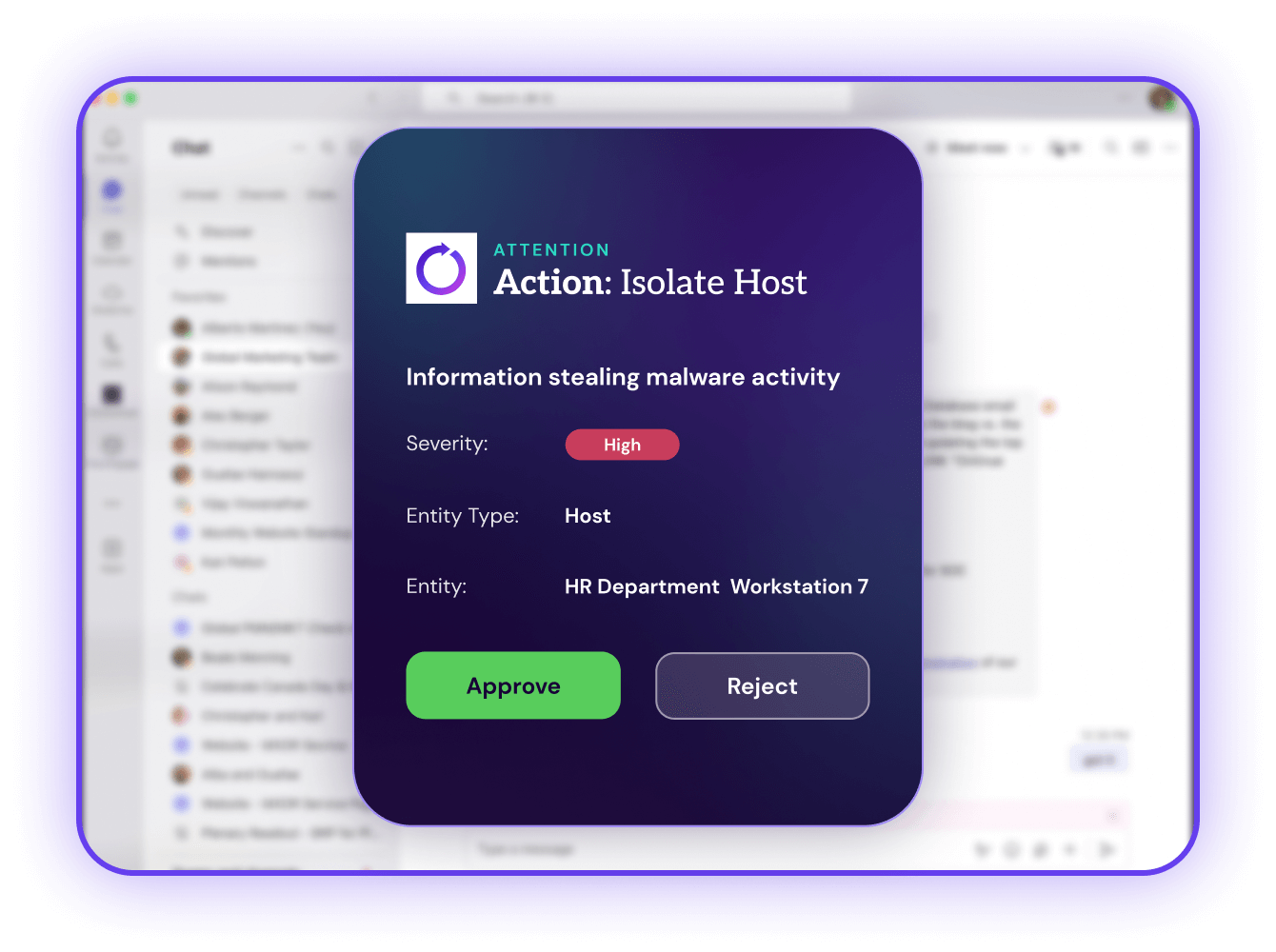 Ein Computerbildschirm, auf dem eine Sicherheitswarnung zur Isolierung eines Hosts aufgrund einer hochgradig schwerwiegenden Malware-Aktivität zum Diebstahl von Informationen angezeigt wird. Optionen zum Genehmigen oder Ablehnen der Aktion sind sichtbar.