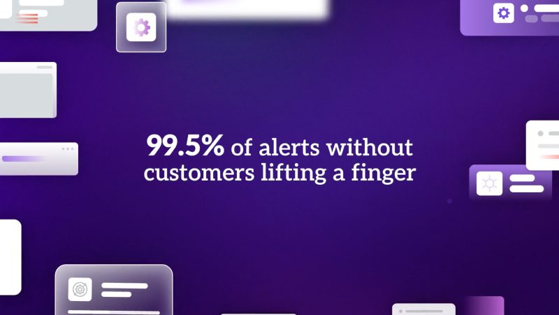 Eine digitale Grafik, die verschiedene Elemente der Benutzeroberfläche auf violettem Hintergrund zeigt, mit dem Text '99,51 TP3T Warnmeldungen, ohne dass Kunden einen Finger rühren müssen' prominent in der Mitte.