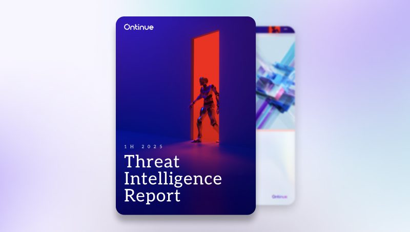 Ein digitales Cover des "Threat Intelligence Report" für das erste Halbjahr 2025 mit einer stilisierten Illustration einer Person, die in einer Tür steht, vor einem Hintergrund mit Farbverlauf in Blau- und Violetttönen.