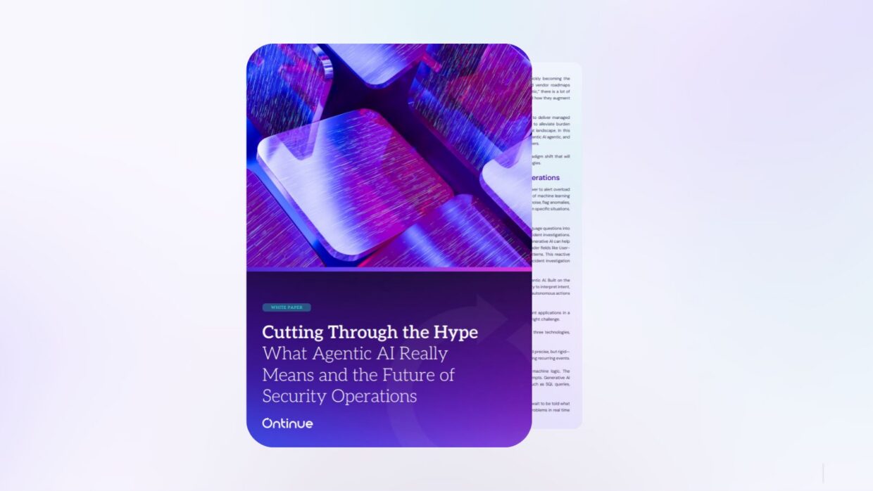 Ein digitales Cover mit dem Titel 'Cutting Through the Hype: What Agentic AI Really Means and the Future of Security Operations' mit abstrakten Mustern in Blau- und Lila-Tönen und einer weißen Seitenleiste mit Text.