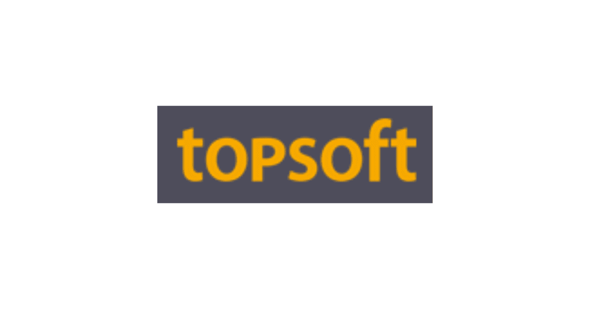 Das Logo von Topsoft zeigt den Schriftzug 'topsoft' in fetten, gelben Buchstaben auf dunkelgrauem Hintergrund. Das Design hebt den Markennamen durch eine schlichte und moderne Schriftart hervor.