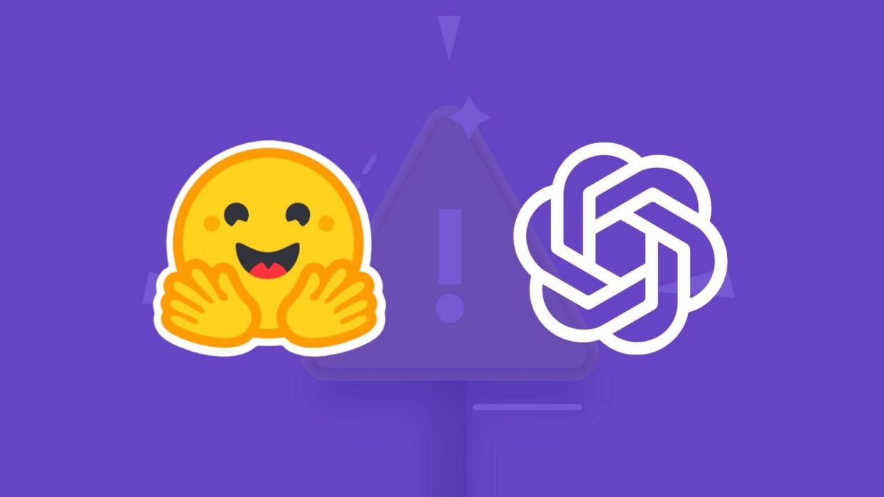Eine Illustration, die links ein lächelndes gelbes Emoji mit ausgebreiteten Armen und rechts ein stilisiertes Logo zeigt. Der Hintergrund besteht aus einem violetten Farbverlauf mit einem Ausrufezeichen über einer dreieckigen Form in der Mitte.