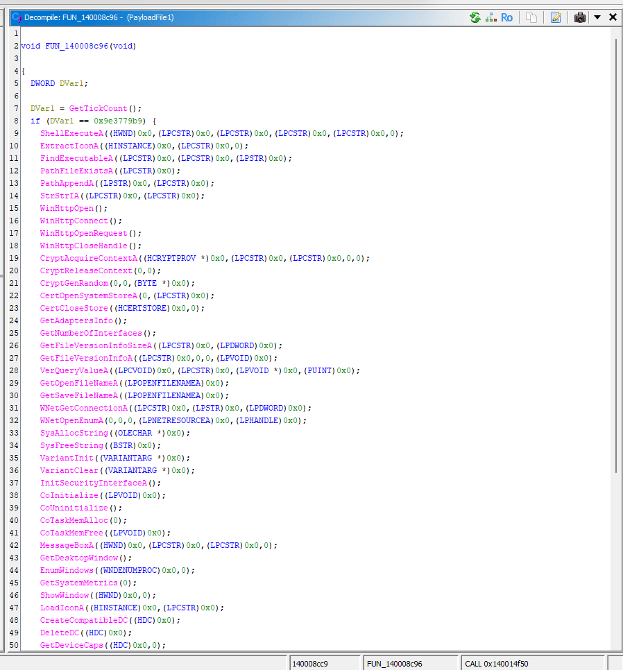 Eine dekompilierte Funktion, die in einem Code-Analysefenster angezeigt wird, mit nummerierten Zeilen und farbcodierten API-Aufrufen in einem weißen Editorbereich.