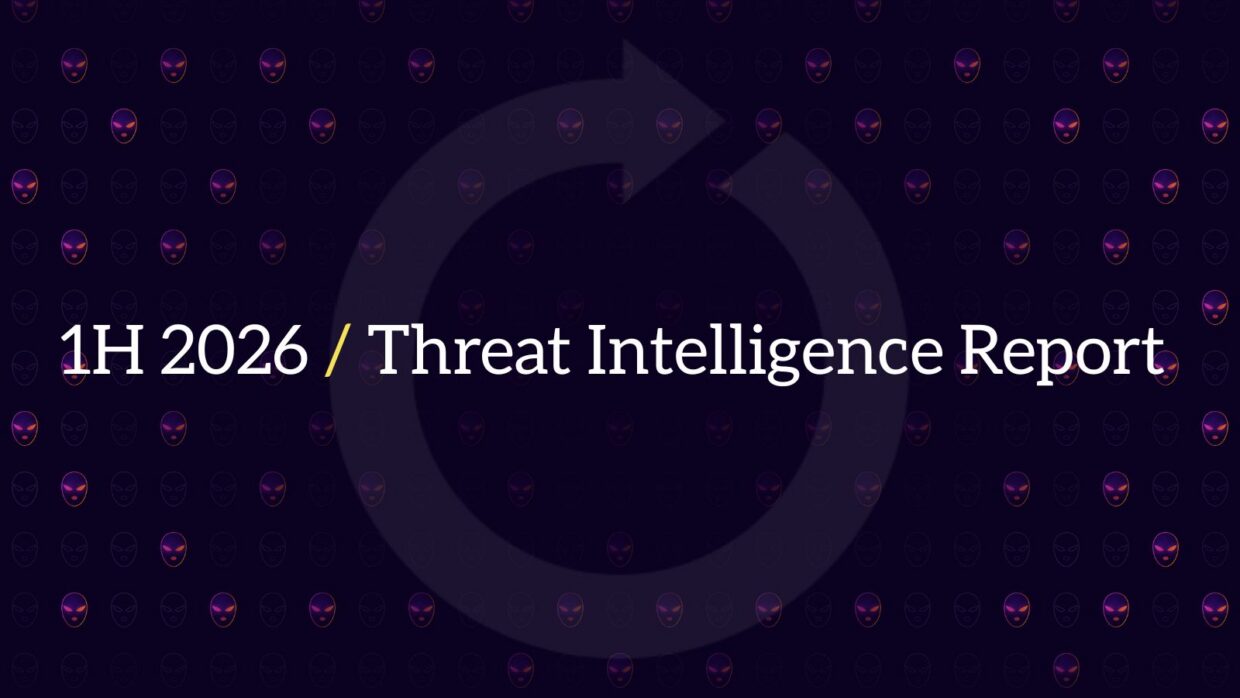 Titelfolie mit der Aufschrift “1. Halbjahr 2026 / Threat Intelligence Report” auf dunkelviolettem Hintergrund, mit einem großen kreisförmigen Pfeilsymbol und kleinen Totenkopf-Symbolen.