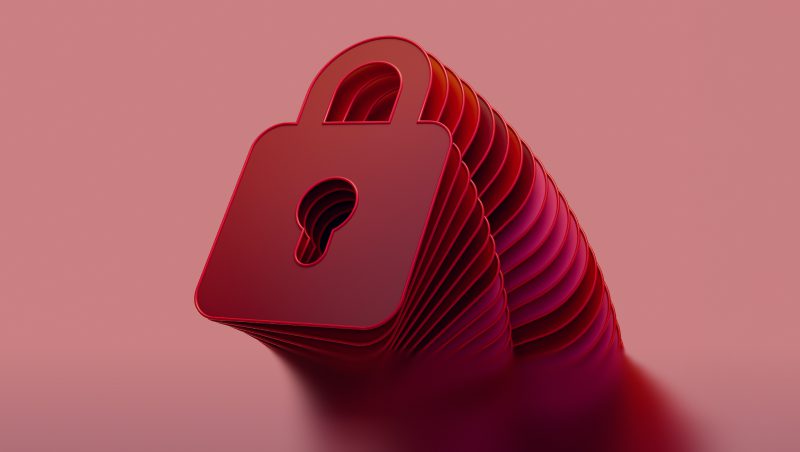 Ein rotes Vorhängeschloss-Symbol mit mehrschichtigen 3D-Kanten auf rosa Hintergrund, das einen sanften Schatten wirft.